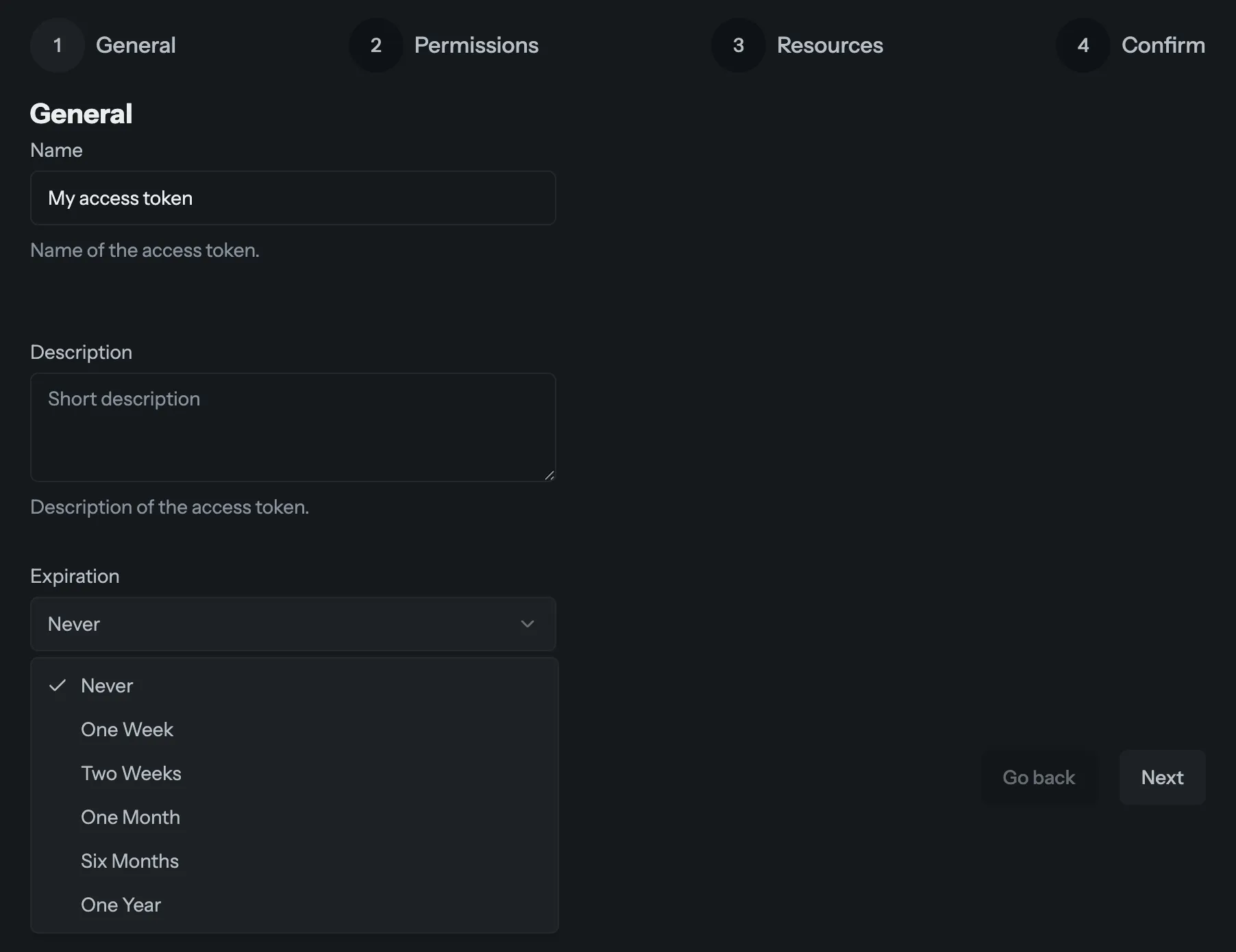 A screenshot of the access token creation flow showcasing the expiration select.